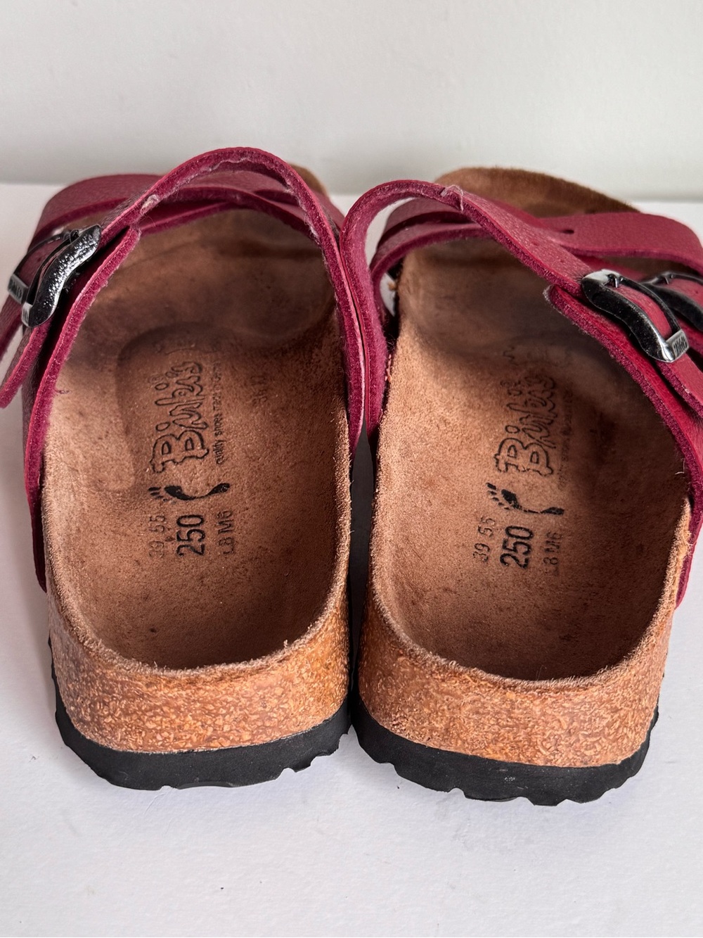 Birki’s Nepal Red Leather Dual Buckle Strap Cork Slide Sandals Unisex W8 M6 - Picture 5 of 8